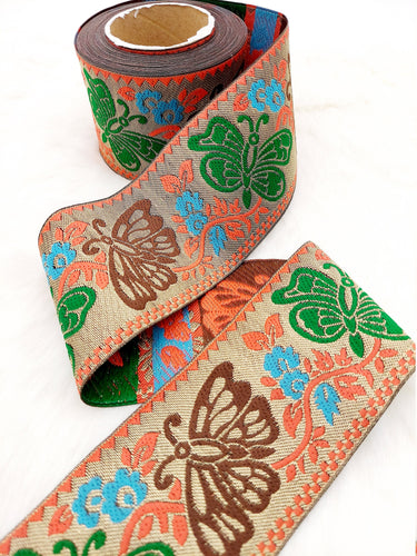 9 Yards Antique Gold Jacquard Brocade Sari Border Trim, Indian Woven Ribbon, Butterfly Trim